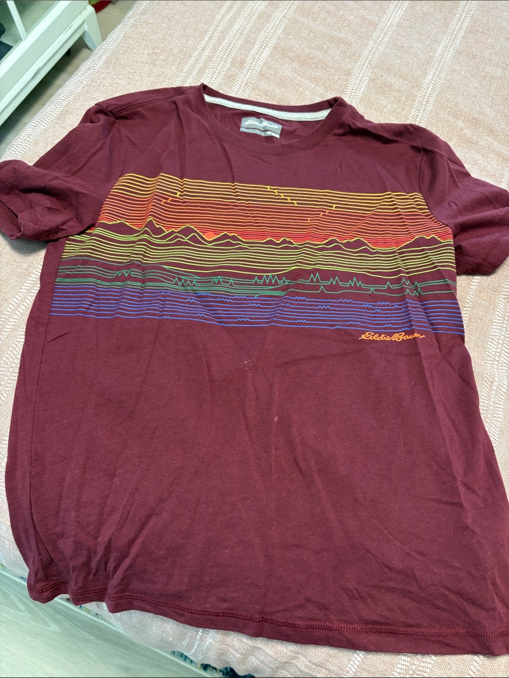 Eddie Bauer Maroon Short Sleeve Tee with Rainbow Mountain Stripe